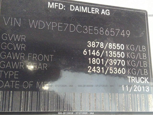 VIN: WDYPE7DC3E5865749 FREIGHTLINER SPRINTER CARGO VANS 2014