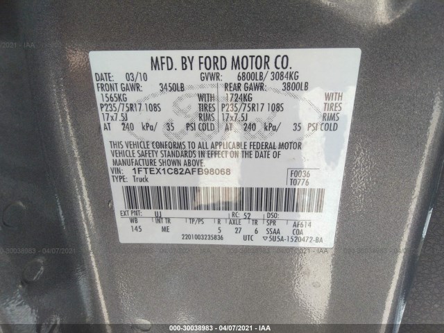 VIN: 1FTEX1C82AFB98068 FORD F-150 2010
