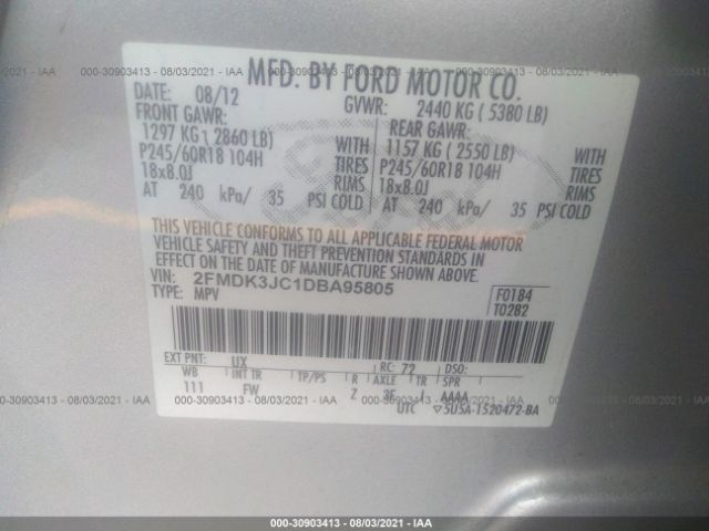 VIN: 2FMDK3JC1DBA95805 Ford Edge 2013