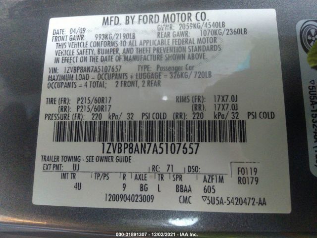 VIN: 1ZVBP8AN7A5107657 FORD MUSTANG 2010