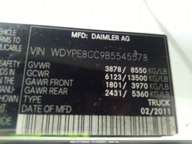 VIN: WDYPE8CC9B5545578 FREIGHTLINER SPRINTER 2011
