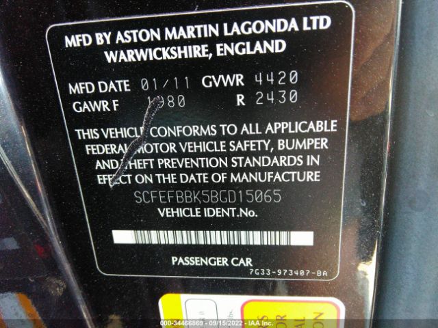 VIN: SCFEFBBK5BGD15065 ASTON MARTIN V8 VANTAGE 2011