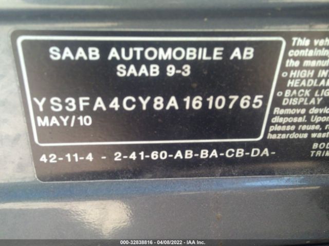 VIN: YS3FA4CY8A1610765 Saab 9-3 2010
