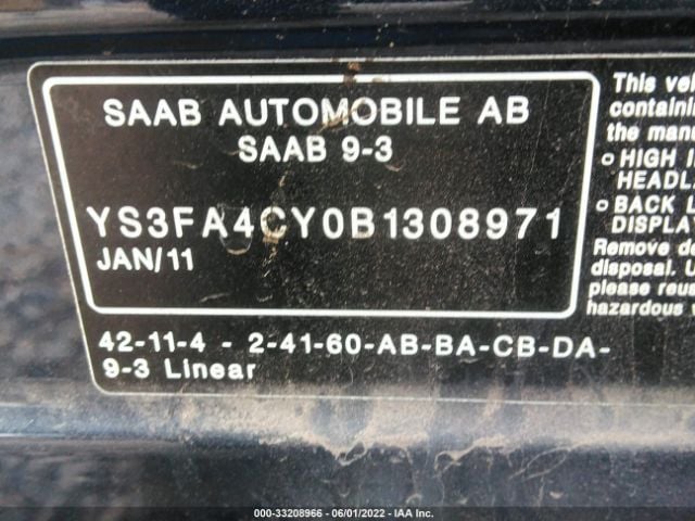 VIN: YS3FA4CY0B1308971 Saab 9-3 2011