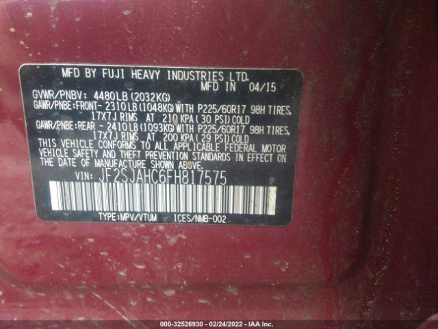 VIN: JF2SJAHC6FH817575 SUBARU FORESTER 2015