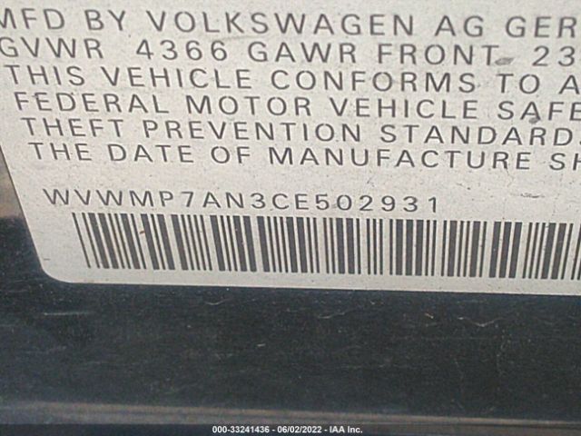VIN: WVWMP7AN3CE502931 Volkswagen CC 2012