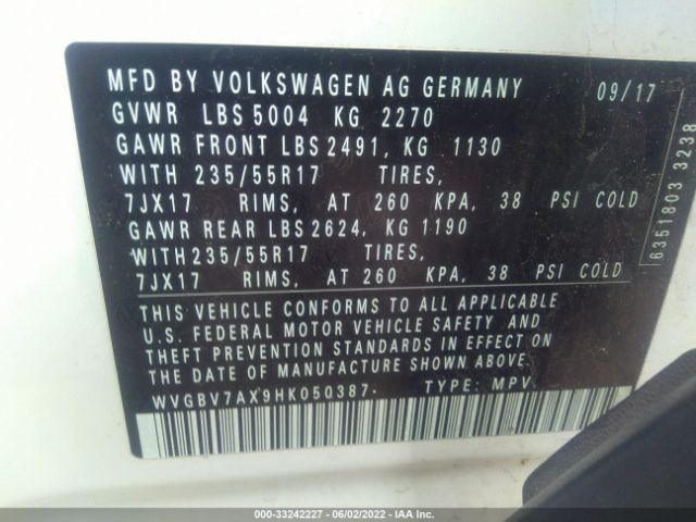 VIN: WVGBV7AX9HK050387 Volkswagen Tiguan 2017