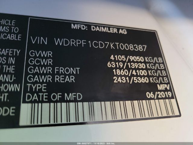 VIN: WDRPF1CD7KT008387 FREIGHTLINER SPRINTER 2500 2019