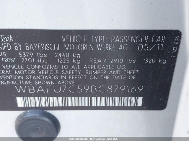 VIN: WBAFU7C59BC879169 BMW 535I 2011
