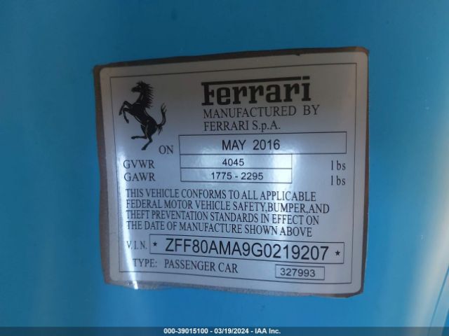 VIN: ZFF80AMA9G0219207 FERRARI 488 SPIDER 2016