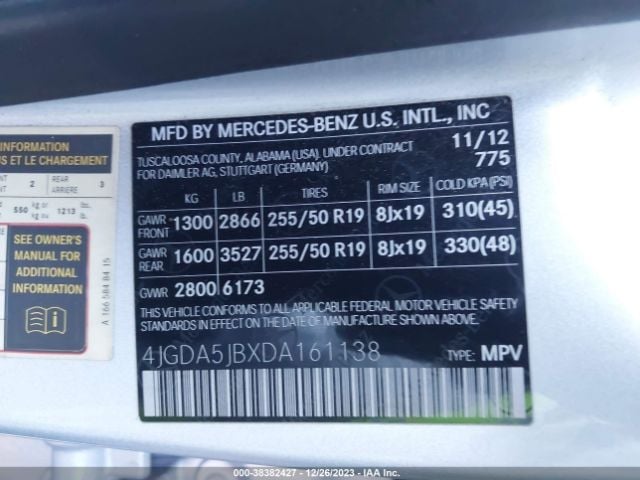 VIN: 4JGDA5JBXDA161138 MERCEDES-BENZ ML 350 2013