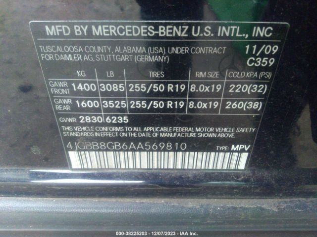 VIN: 4JGBB8GB6AA569810 MERCEDES-BENZ ML 350 2010