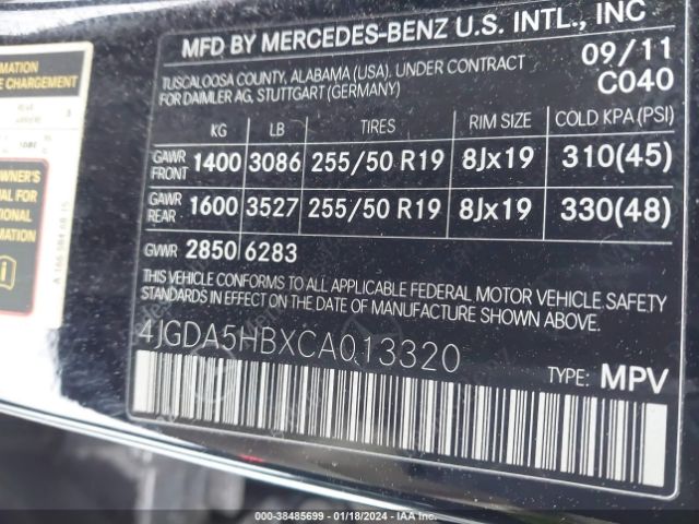 VIN: 4JGDA5HBXCA013320 MERCEDES-BENZ ML 350 2012