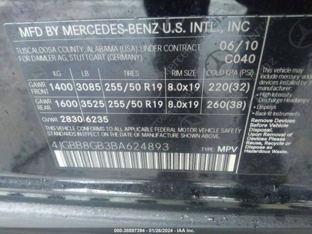 VIN: 4JGBB8GB3BA624893 MERCEDES-BENZ ML 350 2011